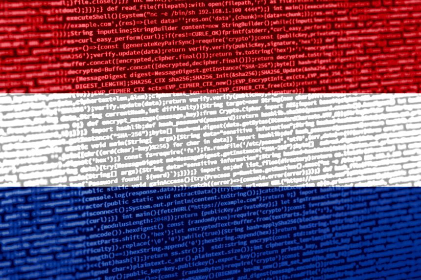 Digital concept with the flag of the Netherlands on a tech background. the Netherlands in the context of cybersecurity, programming, and digital sovereignty. Symbolic image of site development in the