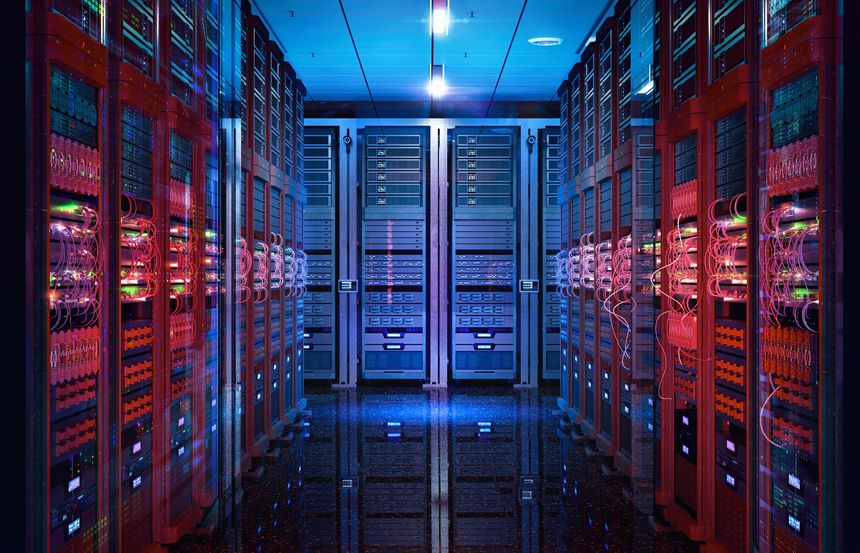 Data center server racks. IT modern hardware server room, data storage center, database information system. Hosting, it data backup, computing technology service, network security, cybersecurity, artificial intelligence supercomputers. For fintech, Saas platforms