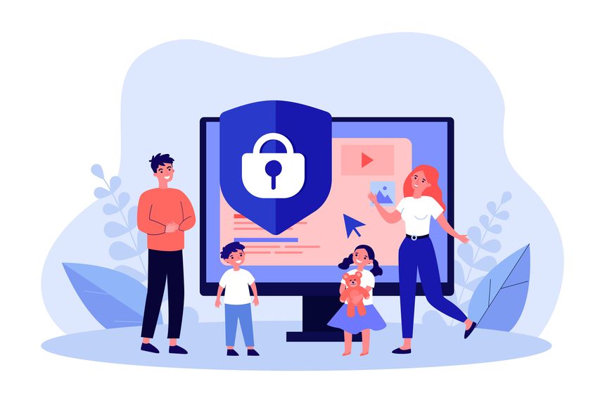 Internet filter to control social media content for kids. Tiny man, woman and children standing near PC lock screen flat vector illustration. Ban concept for banner, website design or landing web page