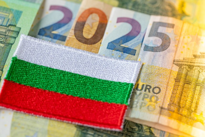 Bulgaria Euro. 2025 composed of the common currency of the European Union. Flag of Bulgaria. Financial business concept. Plans for Bulgaria to adopt the euro currency in 2025