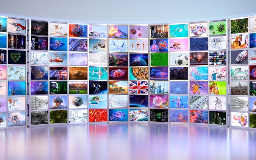 Curved video wall with multiple screens displaying various images. Modern media, technology, breaking news, global events. Visual communication information display. Represents multimedia, broadcasting, digital signage. Current affairs, international news. High-resolution 3D render