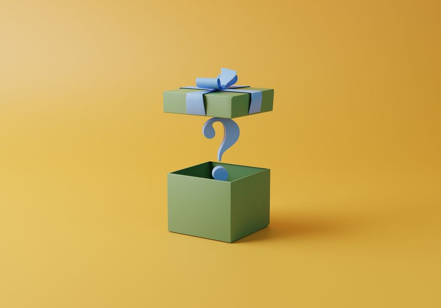 Open Gift Box with Question Mark isolated on yellow background. Surprise Prize Concept. Minimal 3d rendering.