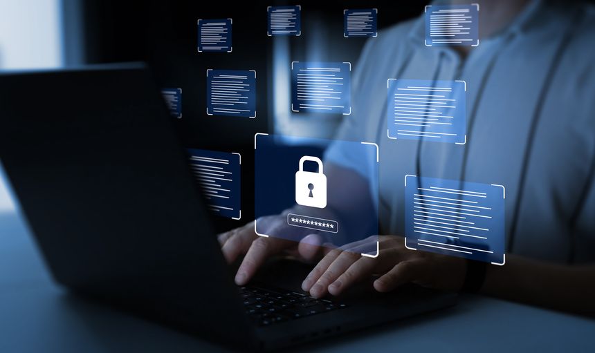 Documents confidentiality,cyber security protection concept. Software for security, searching and managing corporate document and employee information.Protecting herself from cyber attacks