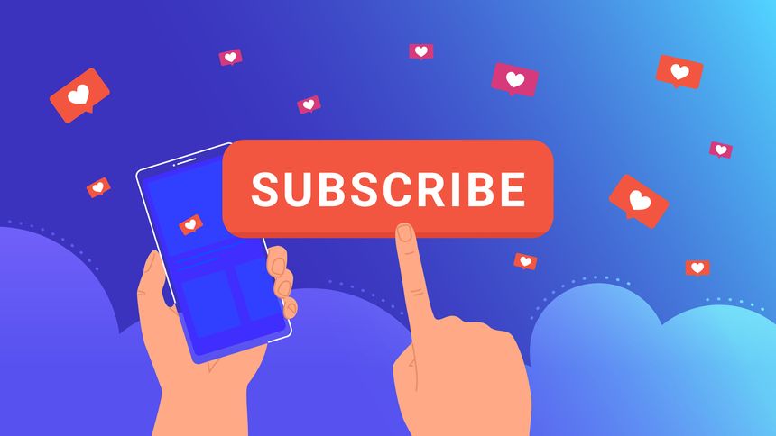 Social media app with speech bubble subscribe and flying hearts. Human hand holds smartphone and pushing the button subscribe. Vector illustration of flying in clouds bubbles with hearts