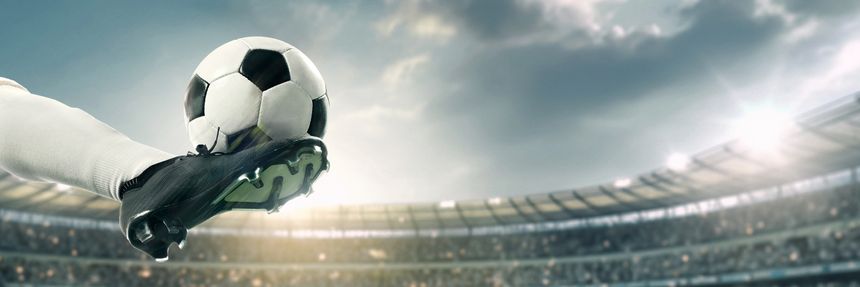 Banner. Soccer athlete performing high kick, striking soccer ball mid-air with precision, powerful motion captured against stadium backdrop. Concept of sport championship, match, tournament. Ad