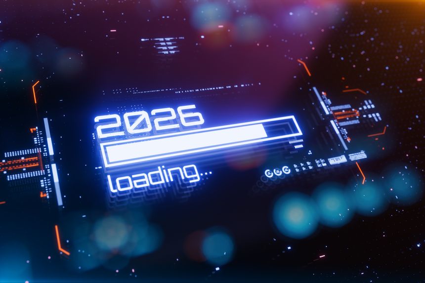 New 2026 year progress bar on digital lcd display with reflection. Concept of new year, annual plan, growth strategy, business planning, investment trends and strategy road map.