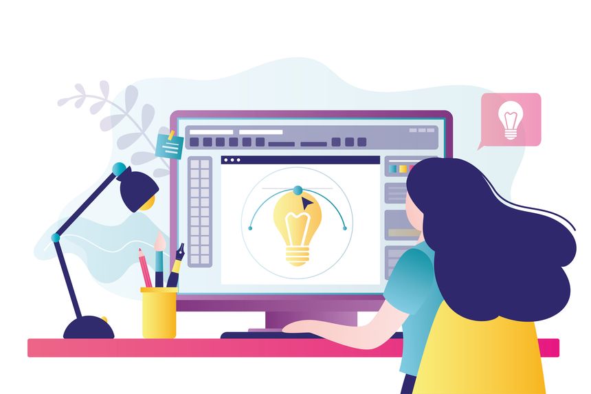 Graphic designer in workplace. Beauty freelancer woman sitting at workspace. Digital artist create artwork or task. Software for paint on display. Painter drawing on pc computer. Vector illustration