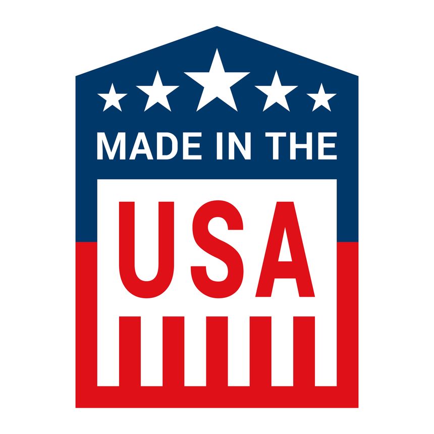 A colorful Made in the USA label in red, white and blue. The design highlights symbols of patriotism and demonstrates pride in American manufacturing.