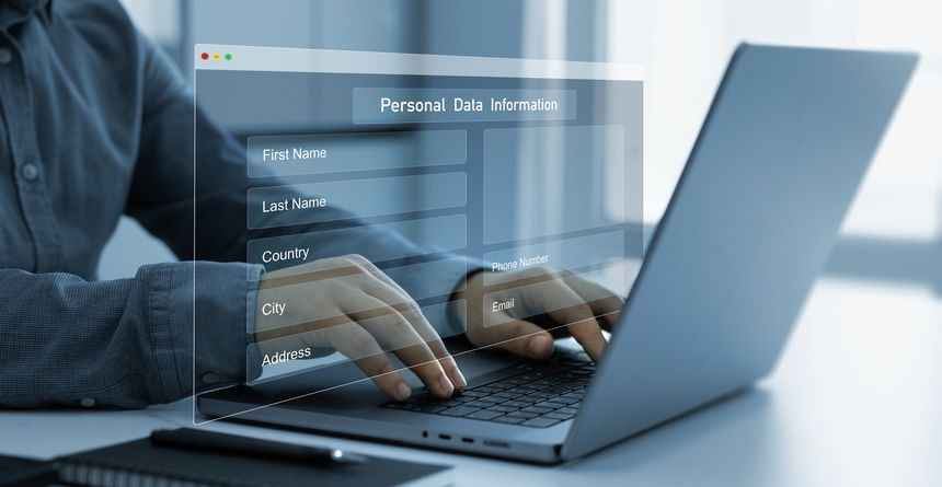 Personal data information management.Digital online employee form. Human resource concept.Businessman filling out a form with personal data online