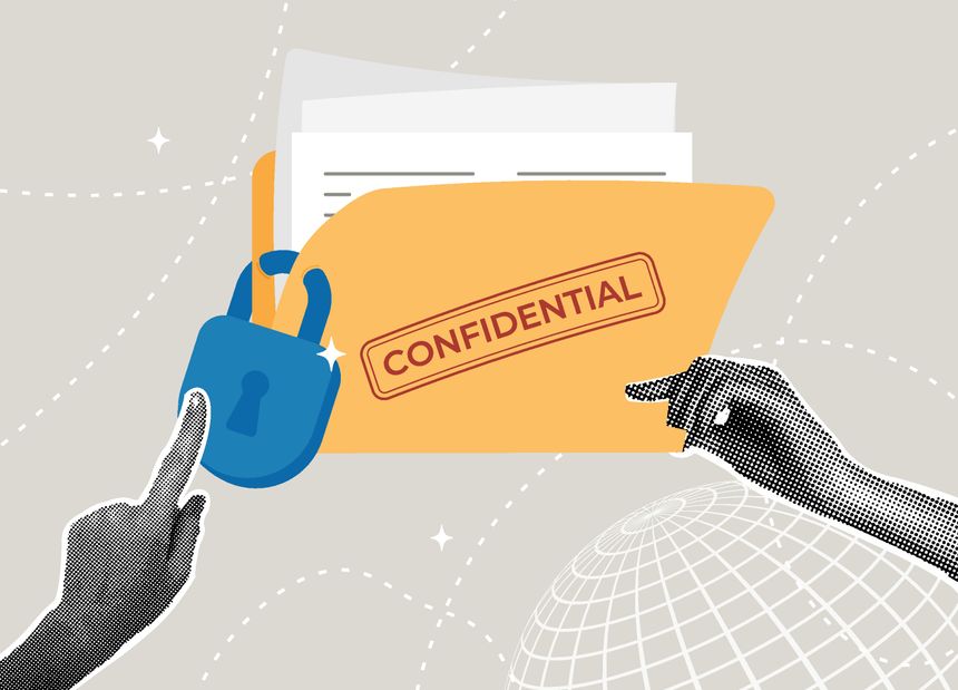 Trendy halftone collage. Confidential information protection concept, data security. Document security concept, accessibility control concept. Vector illustration
