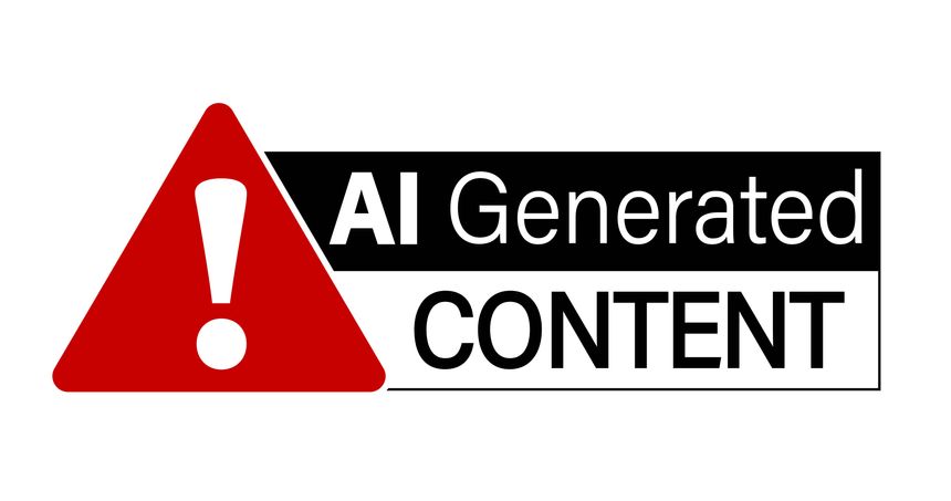 AI generated content, warning sign. Notice with red triangle shape symbol and text on the right in black and white color.