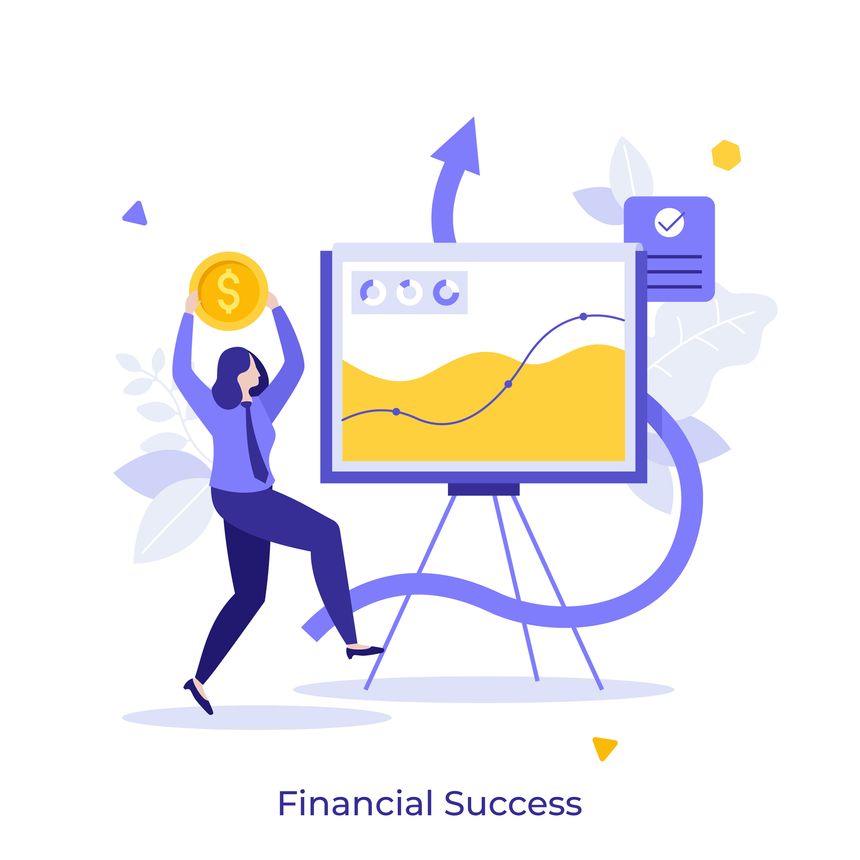 Businesswoman celebrating with coin near graph on whiteboard. Money for business. Financial success concept flat vector illustration. Manager happy of profit growth cartoon character composition
