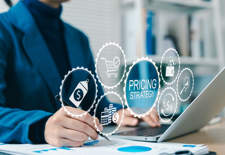Pricing Strategy Analysis and Business Planning Concept. Businessperson working on pricing strategy with icons, cost tags, currency exchange, analysis charts, shopping, and price economic strategy.