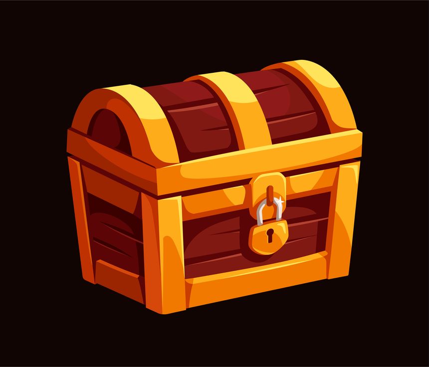 Cartoon-style wooden treasure chest with golden metal accents and a lock, isolated on a dark background. Concept of wealth, adventure, or discovery. Vector illustration