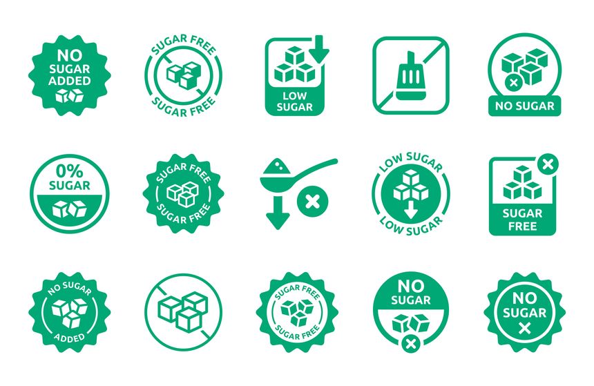 Set of green sugar free, no added sugar and low sugar badges.