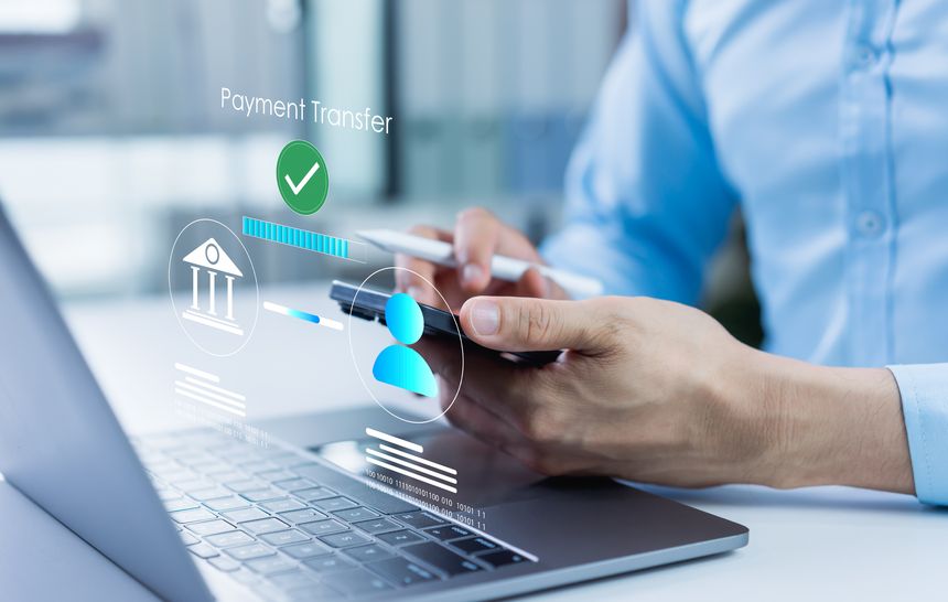 Businessman completes a successful bank payment transfer using a mobile device, representing secure digital banking, financial transactions, and modern business finance management.