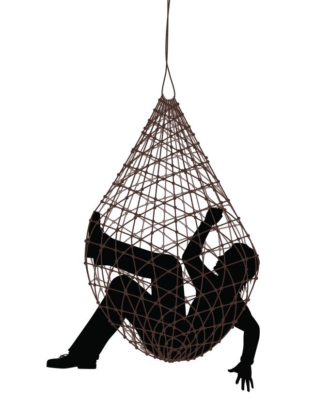 Editable vector illustration of a man caught in a net trap