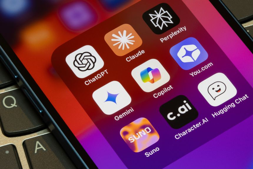 Portland, OR, USA - Dec 25, 2024: Assorted AI apps are seen on an iPhone, including ChatGPT, Claude, Perplexity, Gemini, Microsoft Copilot, You.com, Suno, Character.AI, and Hugging Chat.