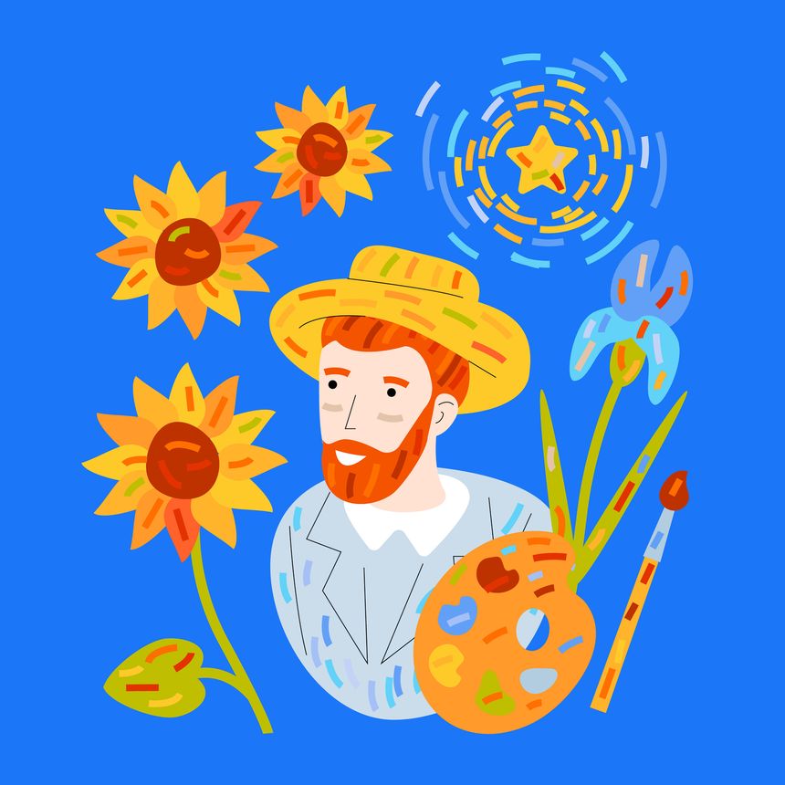 Differnt art symbols. Vincent van Gogh, sunflowers and iris flowers, palette, brush and oil colors, Starry Night, Portrait with Straw Hat. Artist and art
