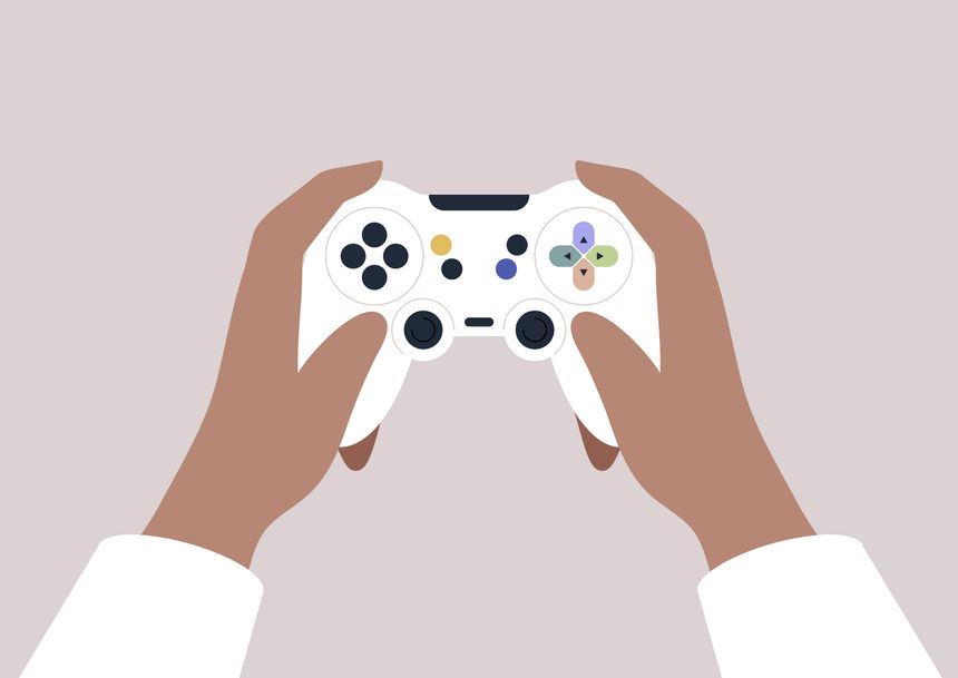 Excitement fills the air as eager hands firmly hold a white joystick, ready to dive into an immersive gaming experience in a comfortable evening atmosphere