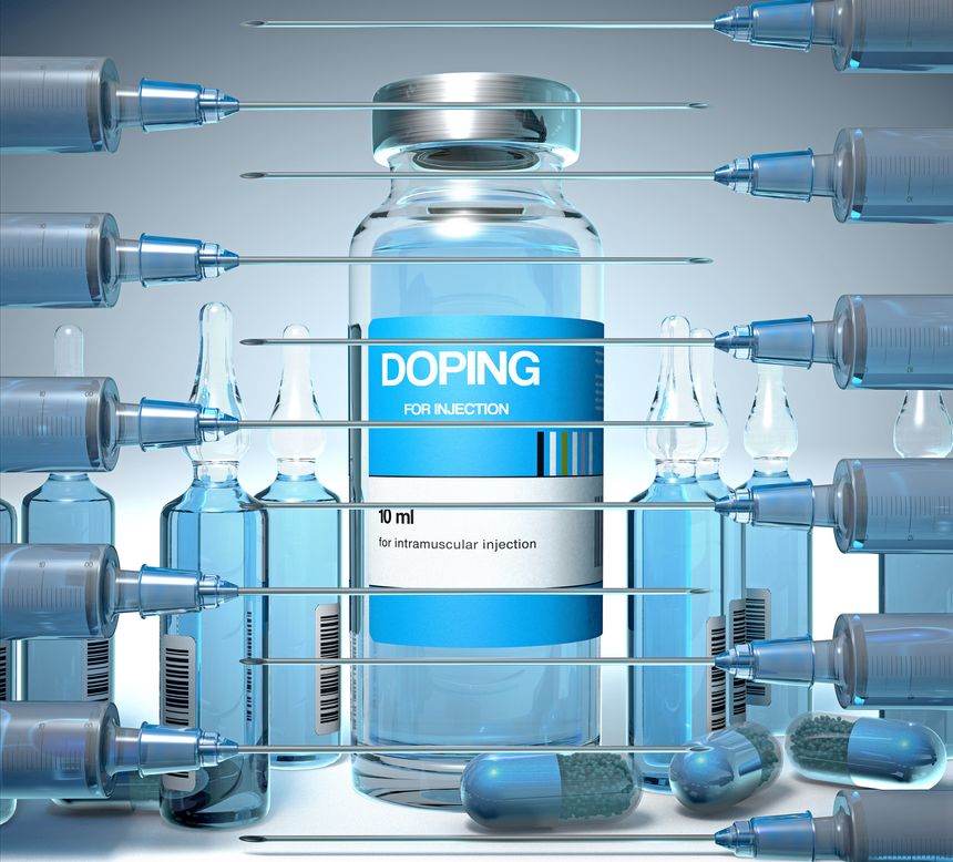 Doping substances in a vial, in ampules and in capsule form and an injection syringe - 3d illustration