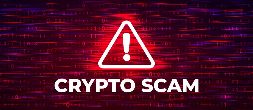 Crypto scam warning symbol on digital binary code background. Cybersecurity and fraud prevention concept for design and print
