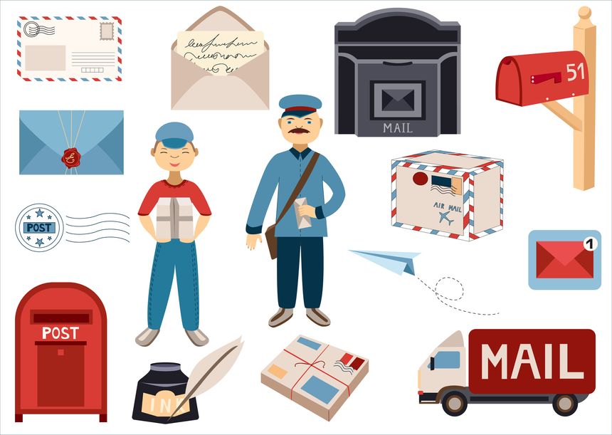 Postal set with postman, courier, envelopes, stamps, mailboxes, parcels and mail truck. For posters, info materials, worksheets, delivery flyers and web banners. Vector illustration