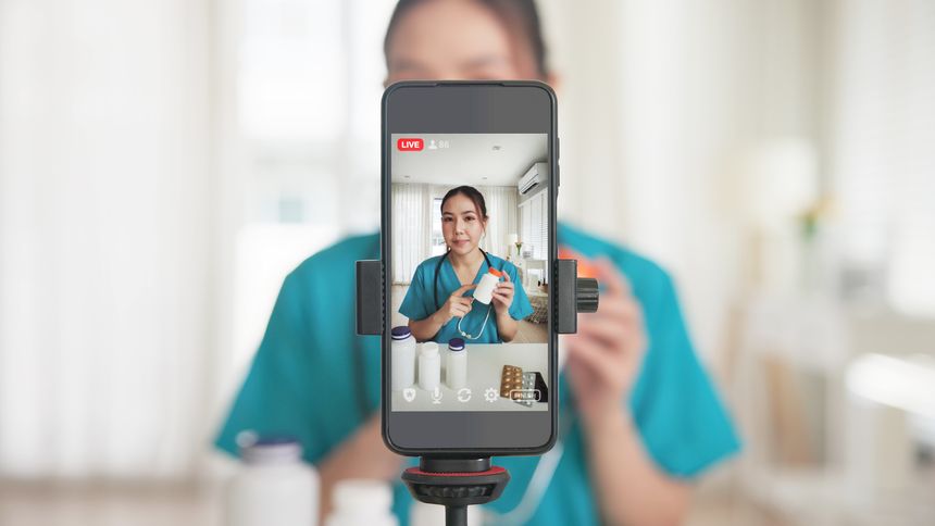 Asia woman people anti aging expert modern health care vlogger live advice talk selfie video mobile phone camera. Online retail diet weight loss digital virtual asian filming vitamin c pill drug store