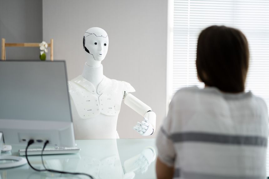 Female Patient Treatment By Robot Doctor In Hospital