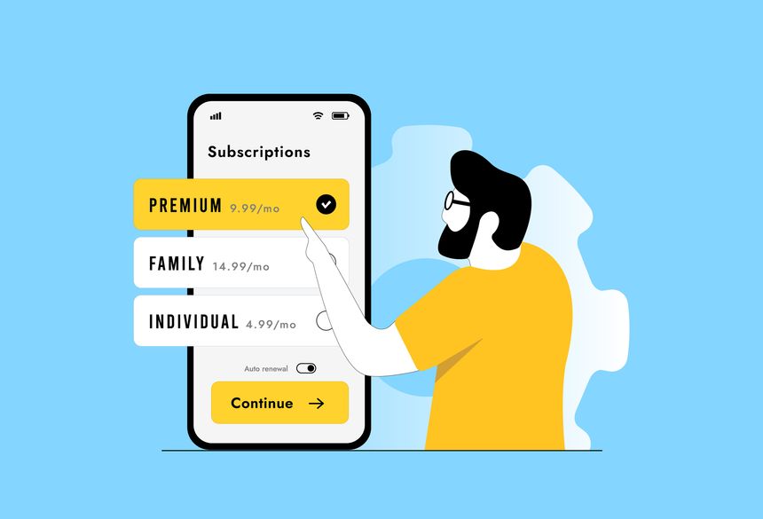 Subscription management UI with premium plan selected on mobile screen, showing credit card payment, pricing options and purchase button. Fintech app subscription management interface illustration.