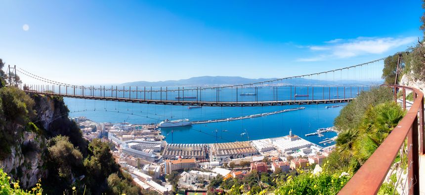Impressive panoramic view of the Windsor suspension bridge with the port of Gibraltar and the bay of Algeciras in the background