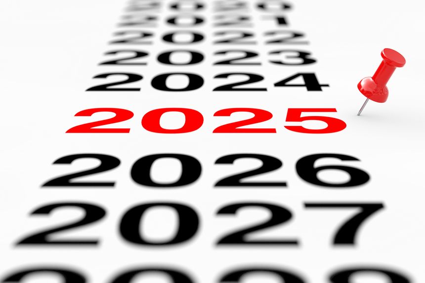 New 2025 Year Sign with Red Pin Marker on a white background. 3d Rendering