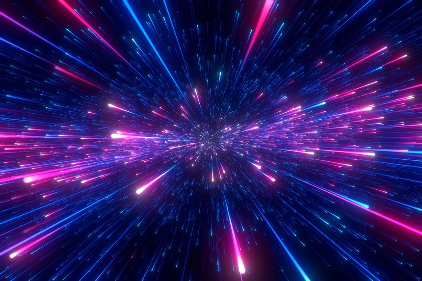 Bright radial light beams. Abstract background in blue and purple neon glow color. Light burst in universe. Space background for event, party, carnival, celebration, anniversary or other. 3D rendering