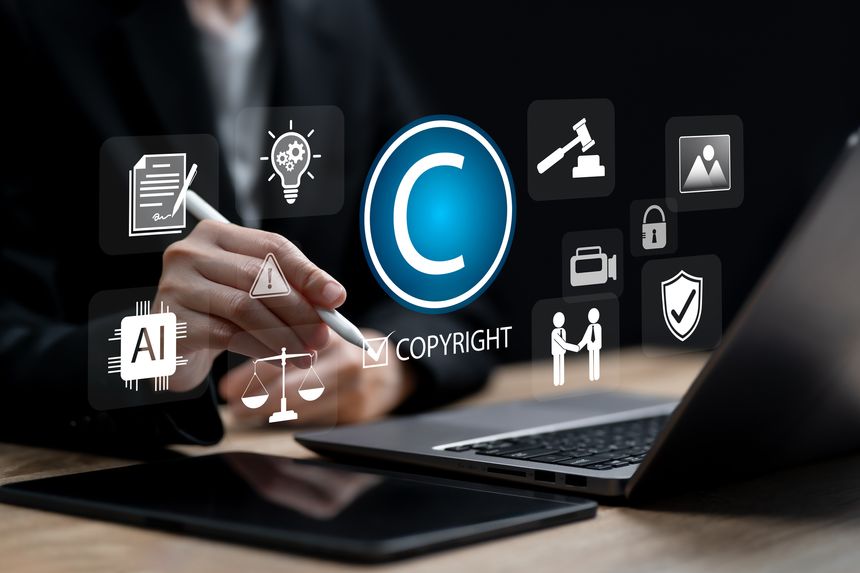 Copyright Intellectual Property Protection Concept, Businesswoman Filing Patents to Prevent AI-Driven Infringement,Safeguarding Original Images,Videos,Enforcing Legal Compliance Against Digital Misuse