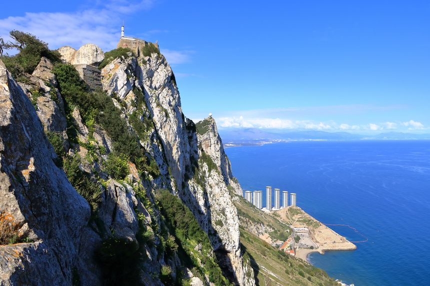 an aerial view from the Gibraltar rock, view to the coast from above