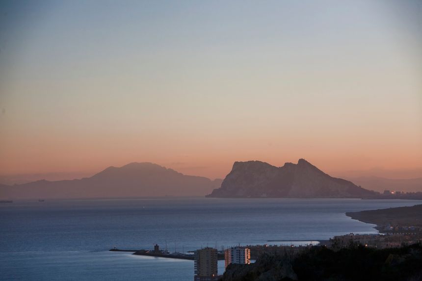 The Rock of Gibraltar and African Coast at sunset, Andalusia, Spain