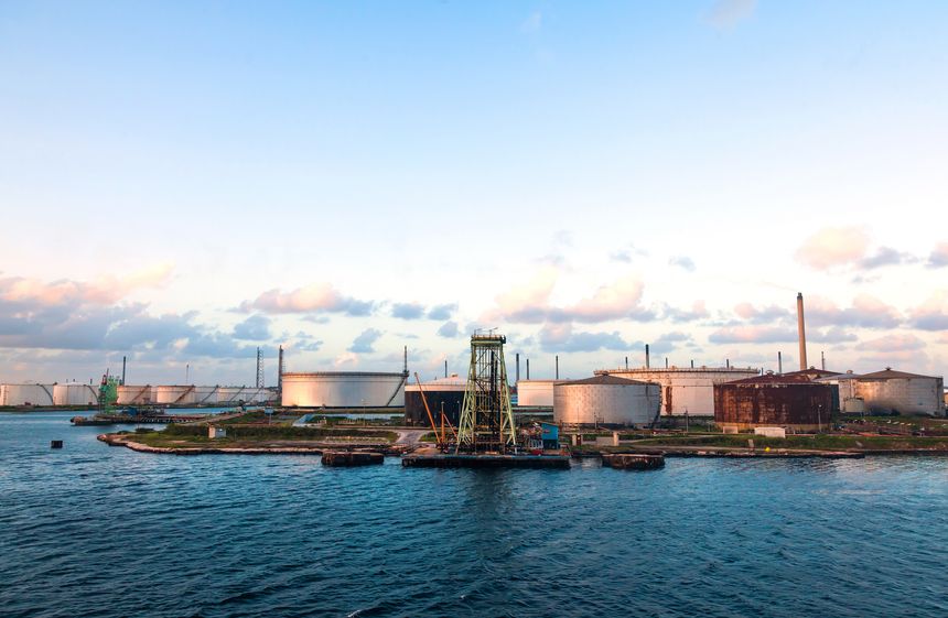 Oil harbor. Refinery and oil storage on the shore of the Gulf of Curacao, Dutch Antilles.
