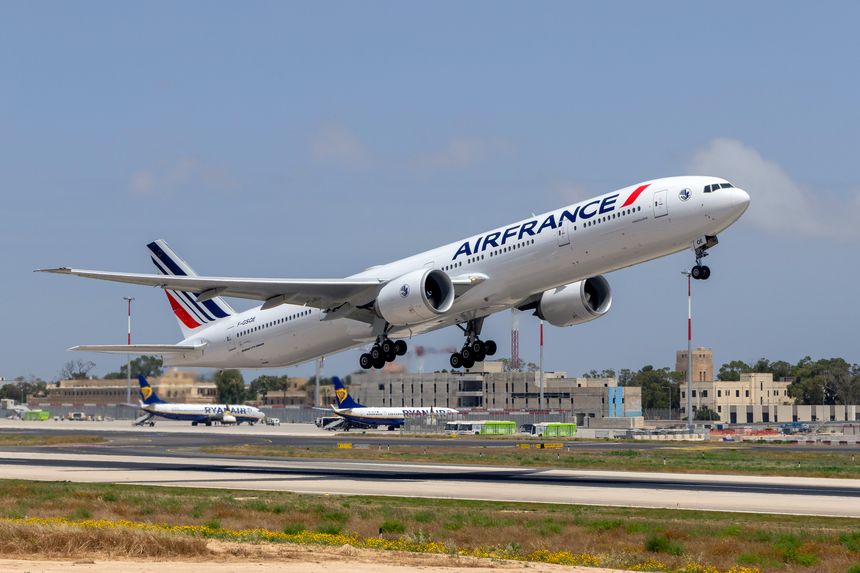 Luqa, Malta - May 9, 2025: Air France Boeing 777-328ER (REG: F-GSQE) fresh from the paint shop, heading back to France for commercial flights.