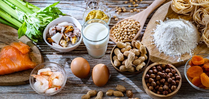 Composition with common food allergens including egg, milk, soya, nuts, fish, seafood, wheat flour, mustard, dried apricots and celery