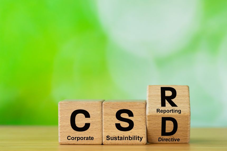 CSRD symbol. Corporate Sustainability Reporting Directive, Sustainability reporting of companies in the European Union. Company activities in the environment, society and corporate governance..