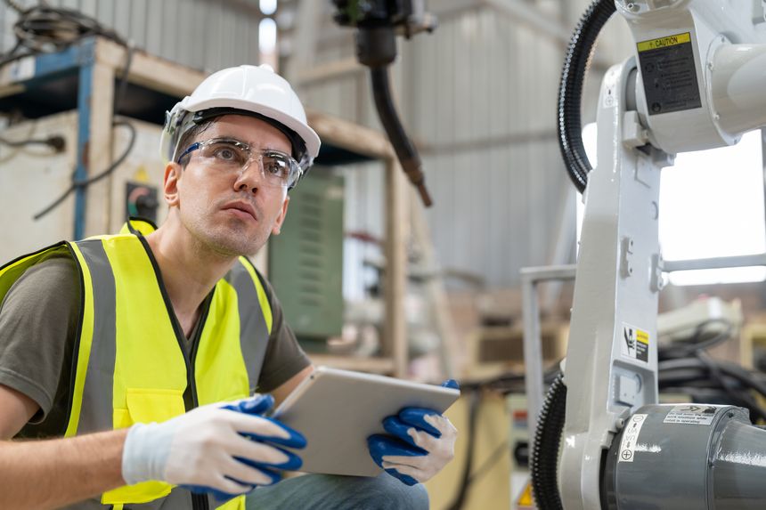 Male automation engineer wear vest with helmet safety using tablet checking and inspection control robot arm welding machine in an industrial factory. Artificial intelligence concept.