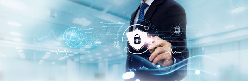 Cybersecurity: Business Graph and Data of Secure Business Growth, Protection Measures. Businessman Touches and Analyzes Data Growth with Cybersecurity in Mind, Ensuring Safety, Resilience, and Protection.