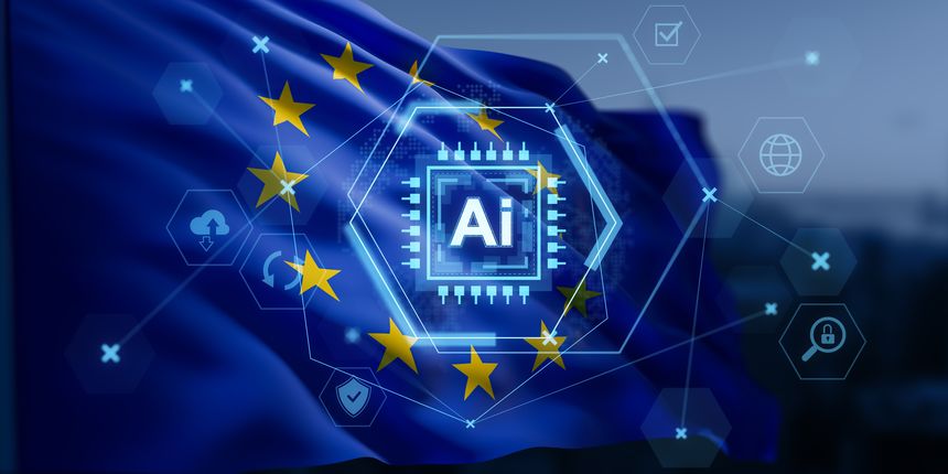 Digital hologram of AI chip interface over EU flag background, symbolizing artificial intelligence regulation, innovation, and technology governance. 3D Rendering