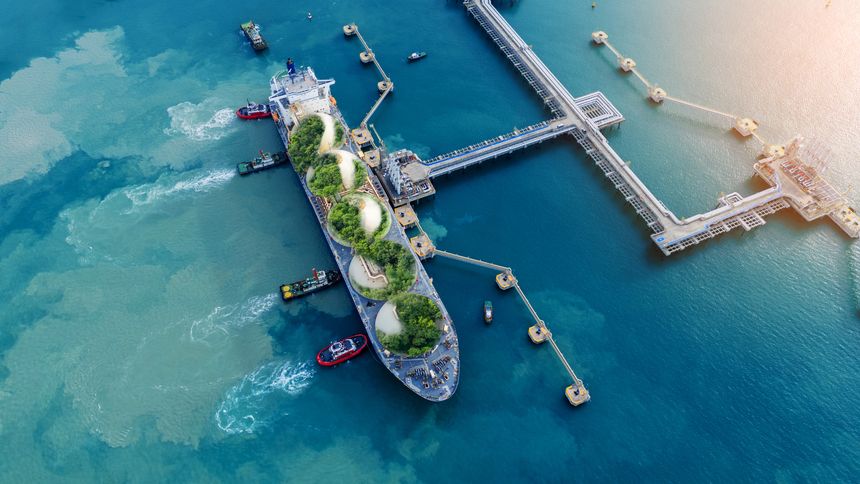 LNG (Liquified Natural Gas) tanker green Leave Supply Chain green Sustainability. Reduce co2 carbon goals low emission net zero pollution regulations. renewable diesel carbon taxes smart freight catalytic fuel artificial intelligence tacking business. International Maritime transportation ocean shipping industry