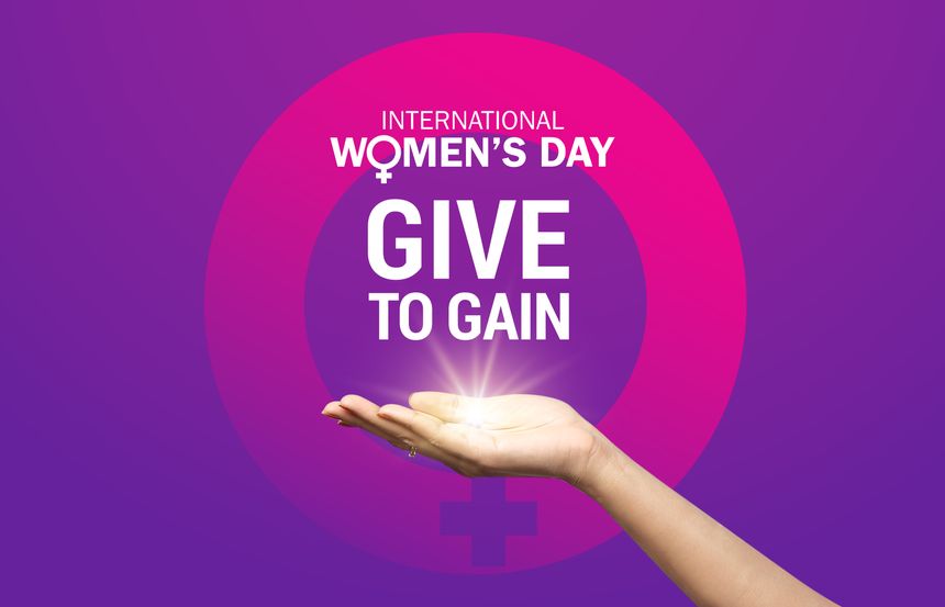 Give To Gain - International women's day concept poster. Woman sign concept background. 2026 women's day campaign theme - #GiveToGain