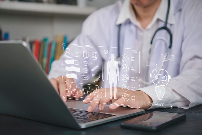 Telemedicine, physician reviews AI driven health data on holographic interface beside smartphone, inside hospital office to enhance outcomes. concept EHR, decision support, smart hospital.