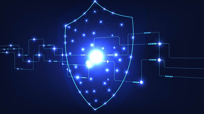 A digital shield symbolizing cybersecurity, featuring glowing connections and a bright center, representing data protection and safety.