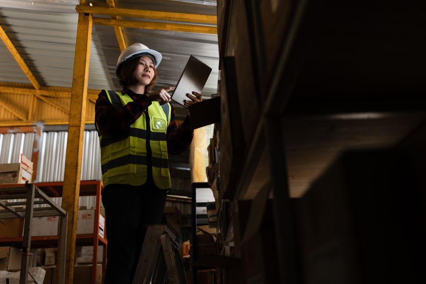 Two workers in a warehouse, one of them wearing a yellow vest. The woman is holding a tablet and the man is holding a clipboard