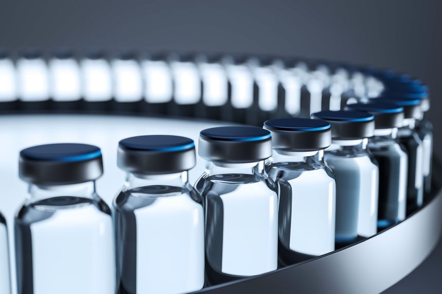 Glass vaccine vials with black caps on a circular conveyor in a clean pharma lab background, representing modern drug production and health research. 3D Rendering