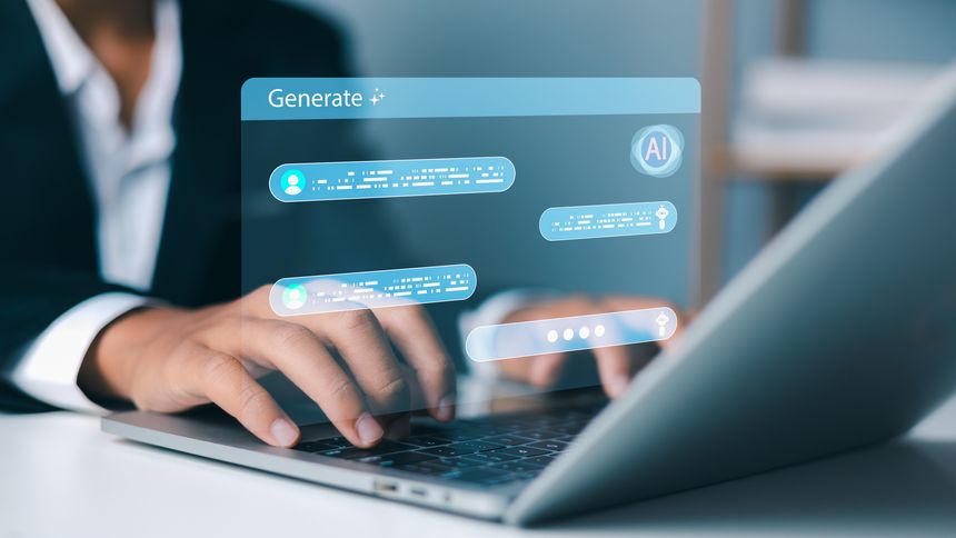 Artificial intelligence language model for corporate workflow.Generative ai chatbot interface on laptop for business.Generative ai software.Businessman using artificial intelligence assistant for work